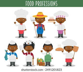 Vector Set of Food Industry Professions in cartoon style. Black or African American characters.
