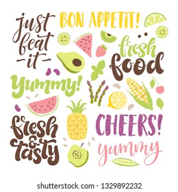 Vector set of food lettering, illustratons of fruits and vegetables. Hand drawn design for restaurant, cafe, farm, market, menu, recipes. Organic fresh elements for stickers, cards, prints