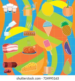 Vector set of food on a colored background in the style of Memphis. For the press on shirts