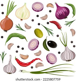 Vector set of food on a transparent background.Garlic, onion, and pepper in a colored vector set on a transparent background.