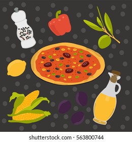 Vector set of food. Pizza, olives and more. Bon appetit!

