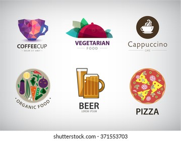 Vector set of food, restaurant logo, beer, organic food logo, coffee logo, pizza logo
