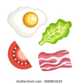 Vector set of food. Scrambled eggs, bacon, tomato and lettuce. Breakfast illustrations.