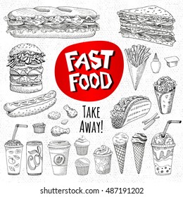 Vector Set Of Food, Sketch Style. Fast Food. Hamburger, Taco, Burrito, Chicken, Potato, Fries, Sandwich, Coffee, Lemonade, Ice Cream, Hot Dog, Ketchup, Mustard, Soda, Beer. Hand Drawn Design Elements.