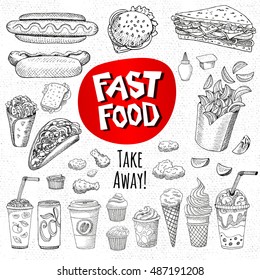 Vector set of food, sketch style. Fast food. Hamburger, taco, burrito, chicken, potato, fries, sandwich, coffee, lemonade, ice cream, hot dog, ketchup, mustard, soda, beer. Hand drawn design elements.