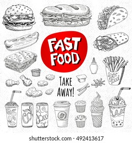 Vector Set Of Food. Sketch Style. Fast Food. Hamburger, Taco, Burrito, Chicken, Potato, Fries, Sandwich, Coffee, Lemonade, Ice Cream, Hot Dog, Ketchup, Mustard, Soda, Beer. Hand Drawn Design Elements.