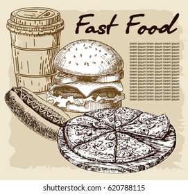 Vector set of food. Sketch style. Fast food. Hamburger, coffee, lemonade, hot dog, pizza. Hand drawn design elements.