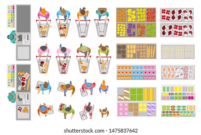 Vector set. Food store. Top view. Buyers in the store. Shop cash desk. Showcases and counters. People with shopping carts. View from above.