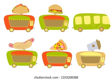 Vector set of food truck in cartoon style. Pizza, burger, coffee, hot dog. Hand drawn on white background. For print, web design.