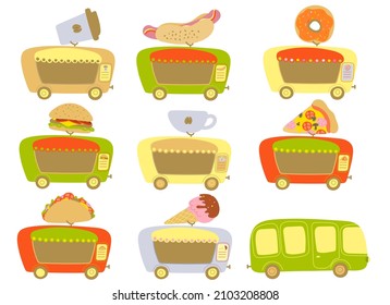 Vector set of food truck in cartoon style. Pizza, ice cream, tacos, burger, coffee, hot dog. Hand drawn on white background. For print, web design.