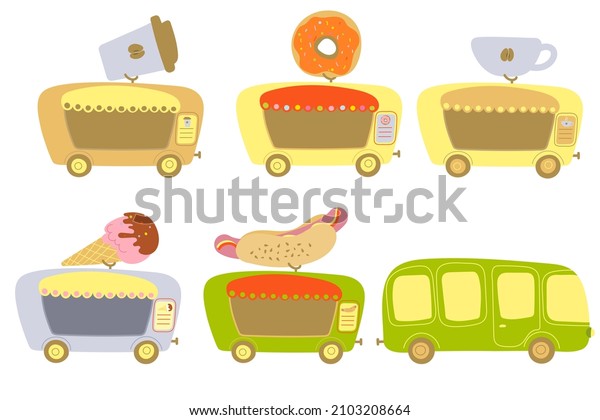 Vector set of food truck in cartoon style. Ice\
cream, coffee, hot dog, donut. Hand drawn on white background. For\
print, web design.