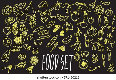 Vector set with food. Vegetables, fruits and meat. Stylized food. Hand drawn set for menu design.