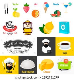 Vector set of foods. Signboard with inscription. Restaurant only best food and drinks