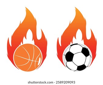 Vector set of football and basketball on fire illustration
