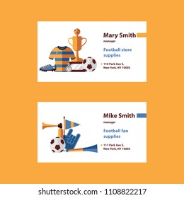 Vector set with football business cards template desorated with soccer suplies as ball, cup, boots, sports wear and fan accessories like cheerleader glove,  vuvuzela, flag on white background