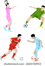vector set of football player actions with several jersey colors
