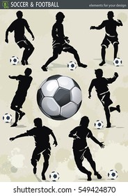 Vector set of football players. Different Soccer action poses and ball. Collection design elements for Web. Abstract figure for sport template, eps8