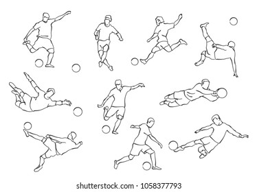 Vector set of football players. Stock handwritten illustration for design.