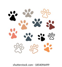Vector set of footprint cat or dog. Doodle elements. Paw print icon