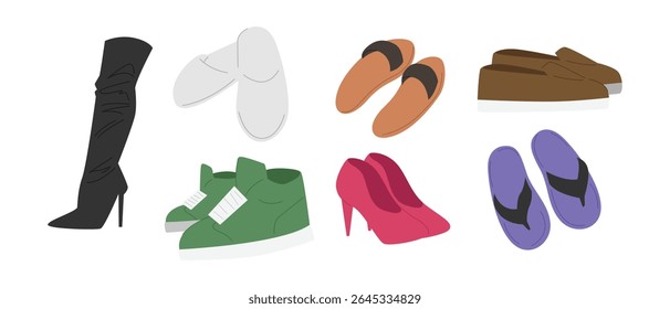 Vector set of footwear. Sneakers, high heels, boots, loafers, sandals, flip flops, and slippers. Cartoon style.