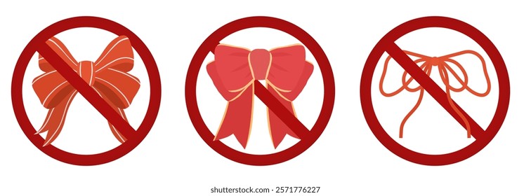 Vector set of forbidden signs with red bows. Holidays are prohibited. No gifts allowed. Ribbon in ban