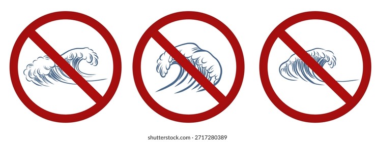 Vector conjunto de signos prohibidos con ondas. Peligro de olas altas. Está prohibido nadar con las olas.