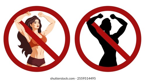 Vector set of forbidden signs with women bodybuilder in retro style and black silhouette. Collection of prohibited banners with muscular women. Bodybuilding in ban. Danger of strong sport