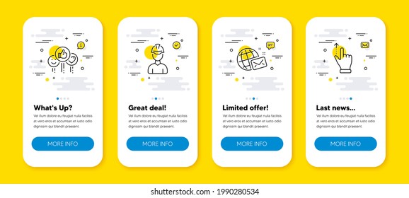 Vector set of Foreman, Like and World mail line icons set. UI phone app screens with line icons. Touchscreen gesture icon. Architect person, Social media likes, Chat. Slide up. Vector