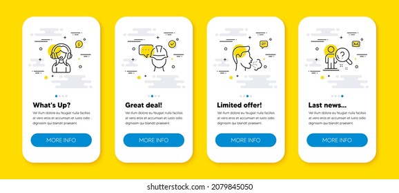 Vector set of Foreman, Support and Cough line icons set. UI phone app screens with line icons. Search employee icon. Engineer person, Call center, Coronavirus symptom. Questions for candidate. Vector
