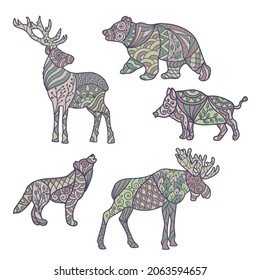 Vector set of forest animals with abstract zen art patterns, isolate on a white background
