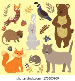 Vector set of forest animals: bear, fox, rabbit, wolf, nutria,  vole, owl, quail and floral elements. Cute hand drawing characters.