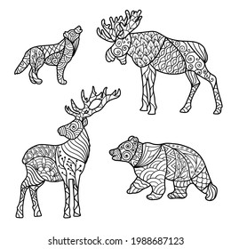 Vector set of forest animals: bear, deer, elk, wolf with abstract patterns, coloring page for children and adults, zenart