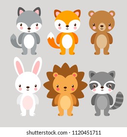 Vector set with forest animals in cartoon style. Illustration in a children's style.