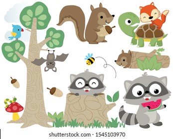 Vector set of forest animals cartoon, forest elements illustration