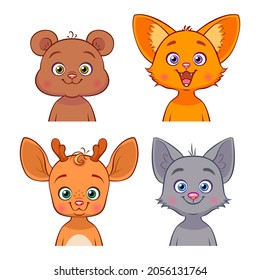 Vector set with forest animals in cartoon style. Hand drawn baby characters. Bear, fox, deer, wolf.