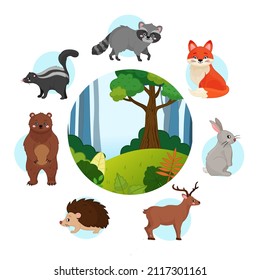 Vector set of forest animals. Cartoon illustrations of cute forest animals. Forest vector background.
