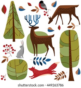 Vector set of forest animals. Deer, Fox, rabbit, hare, bullfinch. The forest trees. Flat set of animals.