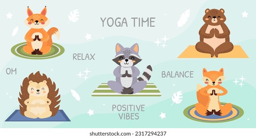 Conjunto vectores de animales forestales haciendo yoga. Raccoon, zorro, ardilla, oso, erizo.  Tiempo de yoga. Meditación con animales. Animales adorables al estilo de las caricaturas. Animales aislados de fondo azul.