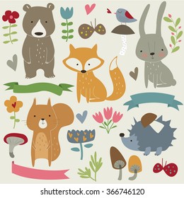 Vector set of forest animals, flowers, mushrooms, birds and butterflies in cartoon style