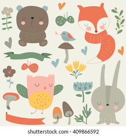 Vector set of forest animals, flowers, mushrooms, birds and butterflies in cartoon style