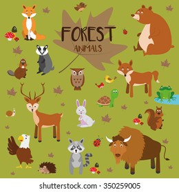 Vector set Forest animals. Fox, bear, squirrel, deer, rabbit, turtle, wolf, beaver, owl, birds, frog, hedgehog, badger, eagle, snail, raccoon and bison. Flat style character. Vector illustration.