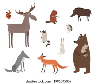 Vector set with forest animals in hand drawn style. Funny animals isolated on a white background. Squirrel, moose, rabbit, wolf and fox. Vector illustration