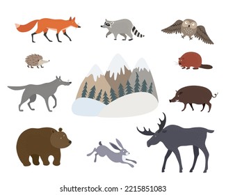 Vector set with forest animals in hand drawn style. Moose, hare, boar, bear, wolf, fox, raccoon, beaver, hedgehog and owl. Mountain landscape. Vector illustration