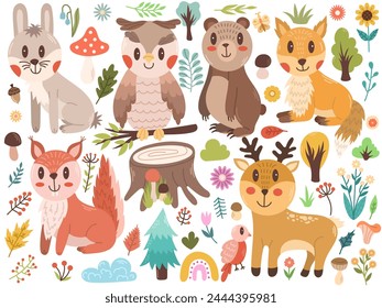 Vector set of forest animals - hare, owl, bear, fox, squirrel and deer. Cartoon cute character illustration