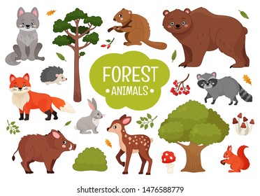 Vector set forest animals. Illustration of cartoon cute animals.
