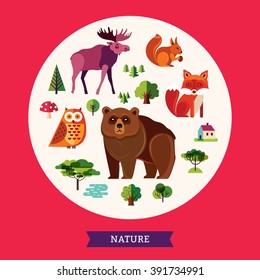 Vector set with forest animals and and landscape elements. Flat animals