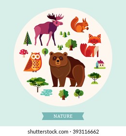 Vector set with forest animals and and landscape elements. Flat animals