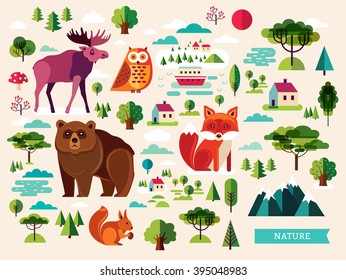 Vector set with forest animals and and landscape elements. Flat animals