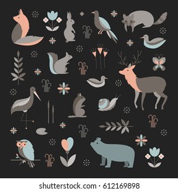 Vector set of forest animals made in flat style. Mammals cartoon collection for children books and posters. Owl, reindeer, moose, racoon, fox, bear and other. Each animal isolated and easy to use.