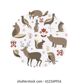 Vector set of forest animals made in flat style. Mammals cartoon collection for children books and posters. Owl, reindeer, moose, racoon, fox, bear and other. Each animal isolated and easy to use.